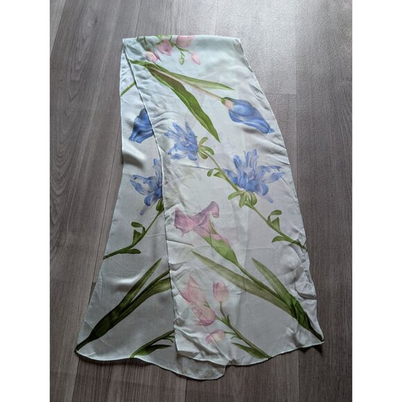 Vintage Echo Silk Floral Print Light Green Scarf Wrap With Pink & Blue Flowers - Picture 2 of 6